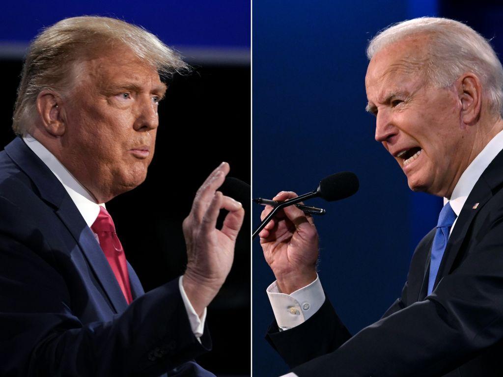 (COMBO) This combination of pictures created on October 22, 2020 shows US President Donald Trump (L) and Democratic Presidential candidate and former US Vice President Joe Biden during the final presidential debate at Belmont University in Nashville, Tennessee, on October 22, 2020. (Photos by Brendan Smialowski and JIM WATSON / AFP) (Photo by BRENDAN SMIALOWSKI,JIM WATSON/AFP via Getty Images)